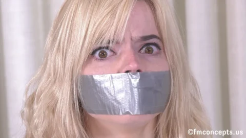 Cute Blonde Sage Pillar – Gagged and Bound in White and Black
