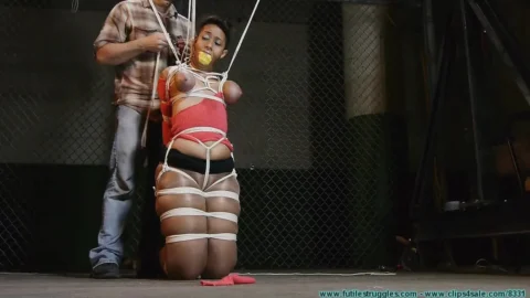 Busty Dani Hogtied with Crotchrope and Sponge Gag