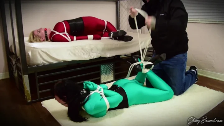 Holiday Hijinks – Spandex Catsuit Bondage with Whitney and Nyxon