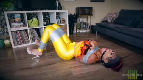 Bella Madisyn – The Ebony Bombshell in Yellow Disco Pants Bound in Tape