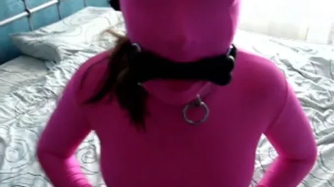 Pink Hooded Form Locked Cuffs Collar Struggle