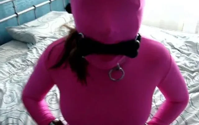 Pink Hooded Form Locked Cuffs Collar Struggle