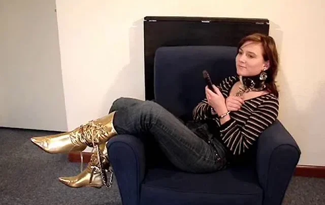 Domestic Scene of Collared Brunette with Remote