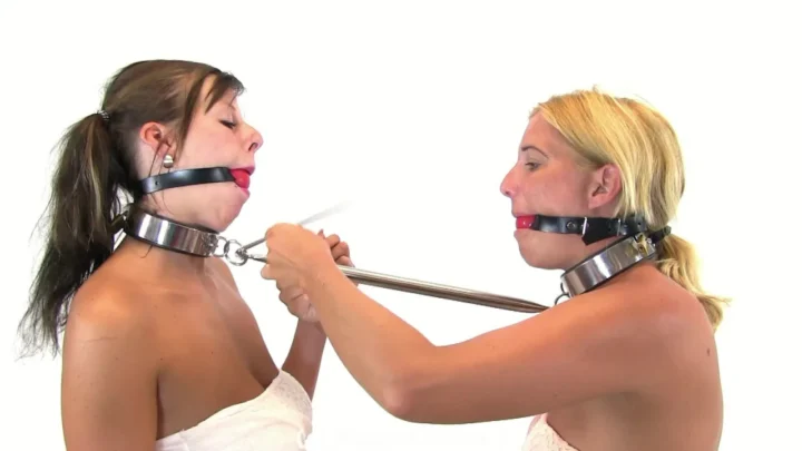Brunette And Blonde Forced Close By Spreader Collar